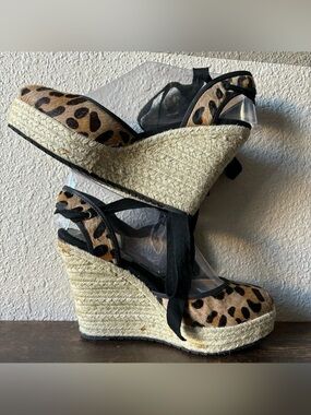 NEW! Charles David Leopard Animal Print Calf Hair Espadrilles Wedge Sandals